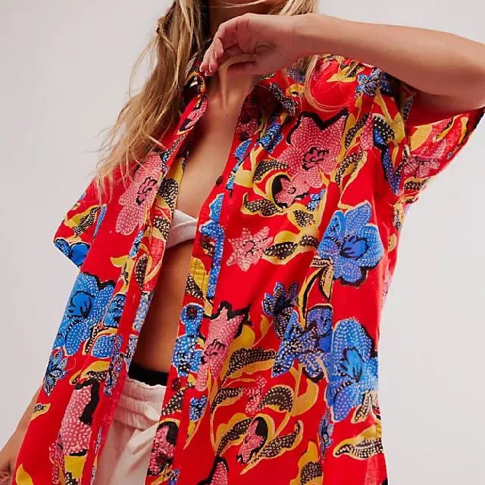 Free People Vibrant Floral Button-Up Shirt Large New
